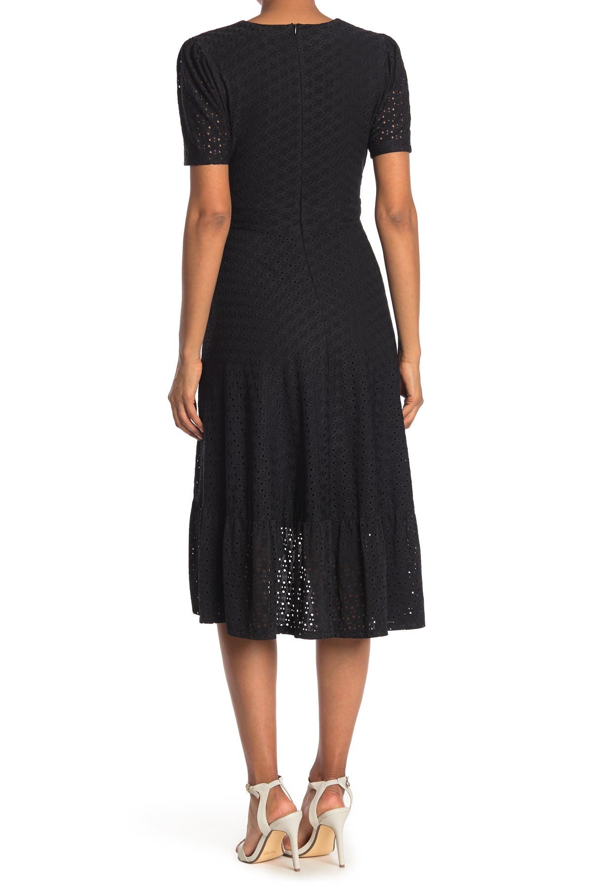 London Times Stretch Eyelet Short Sleeve Ruffle Wrap Dress In Black