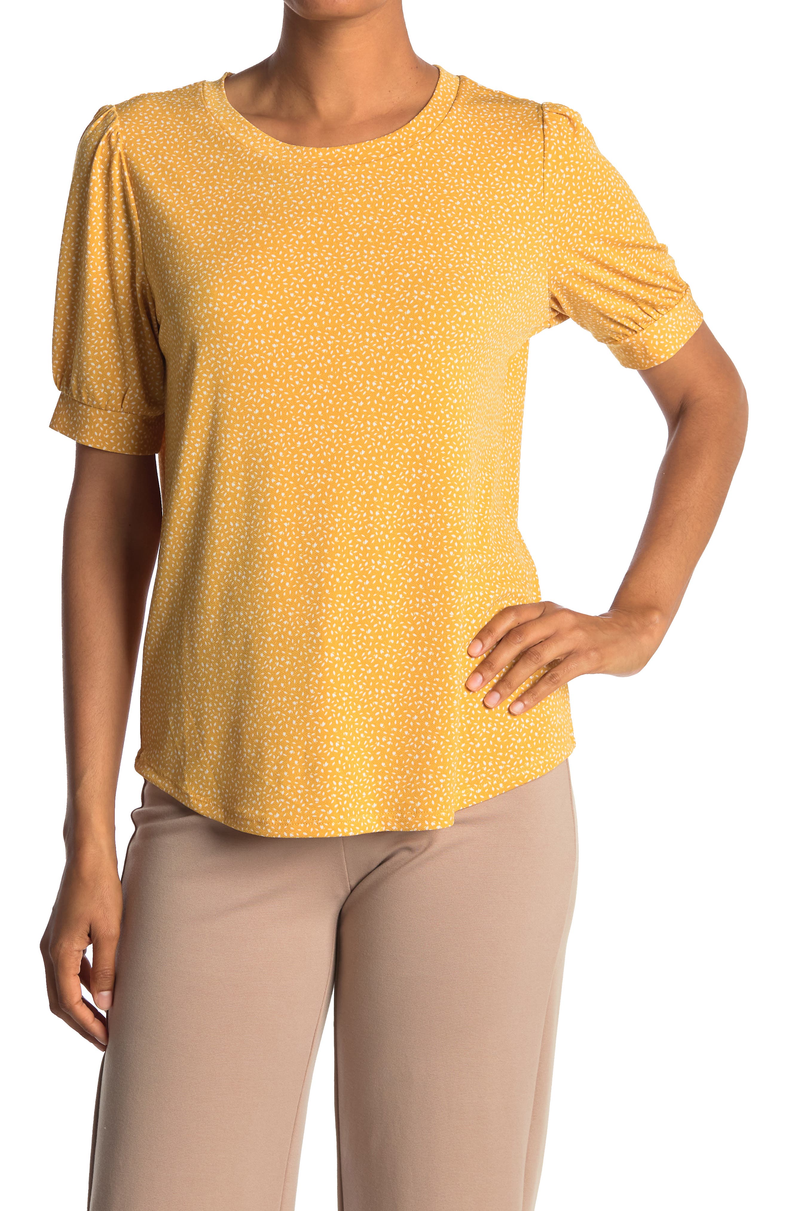 Adrianna Papell Patterned Crinkle Textured Puff Sleeve Top In Open Yellow46