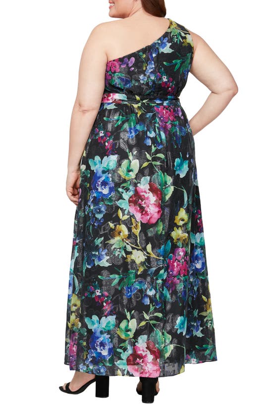 Sl Fashions Floral One-shoulder Gown In Black Multi