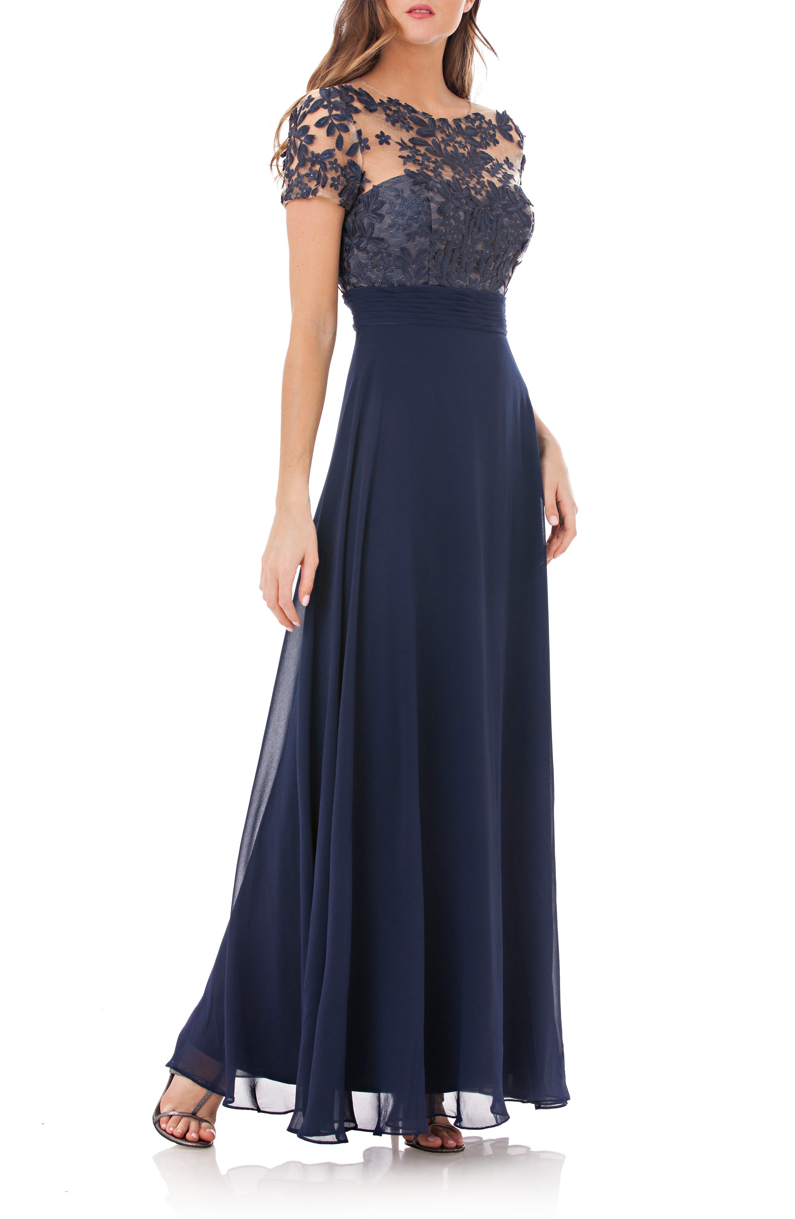 Js Collections Embroidered Illusion Bodice Gown, Blue