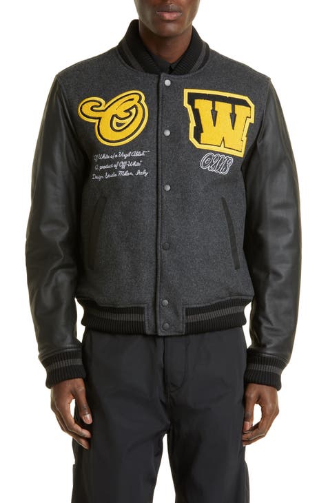 Wool/Leather Full-Snap Off-White Logo-Patch Varsity Jacket