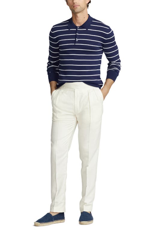 Shop Ralph Lauren Purple Label Stripe Cotton Polo Sweater In Spring Navy/optic White