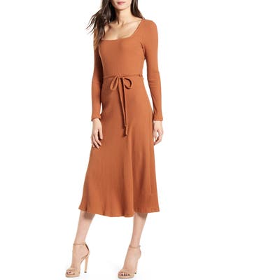 All In Favor Ribbed Long Sleeve Midi Dress, Brown
