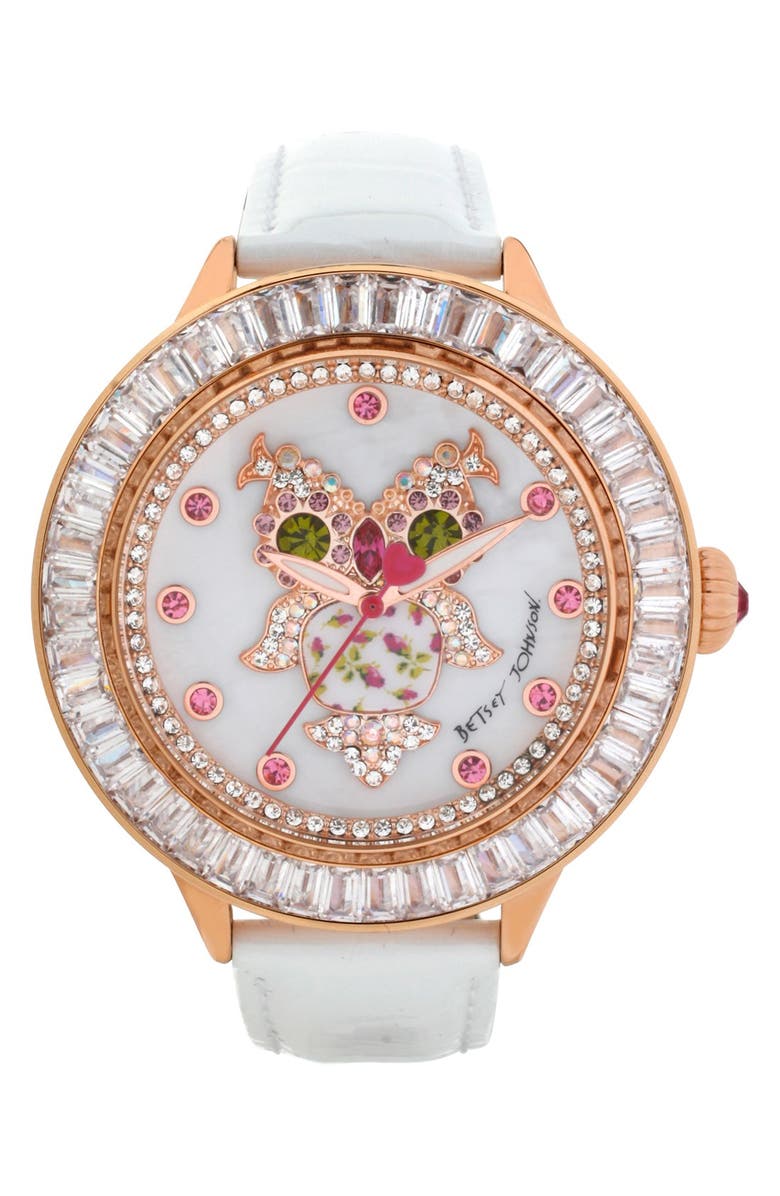 Betsey Johnson Owl Dial Leather Strap Watch, 43mm | Nordstrom