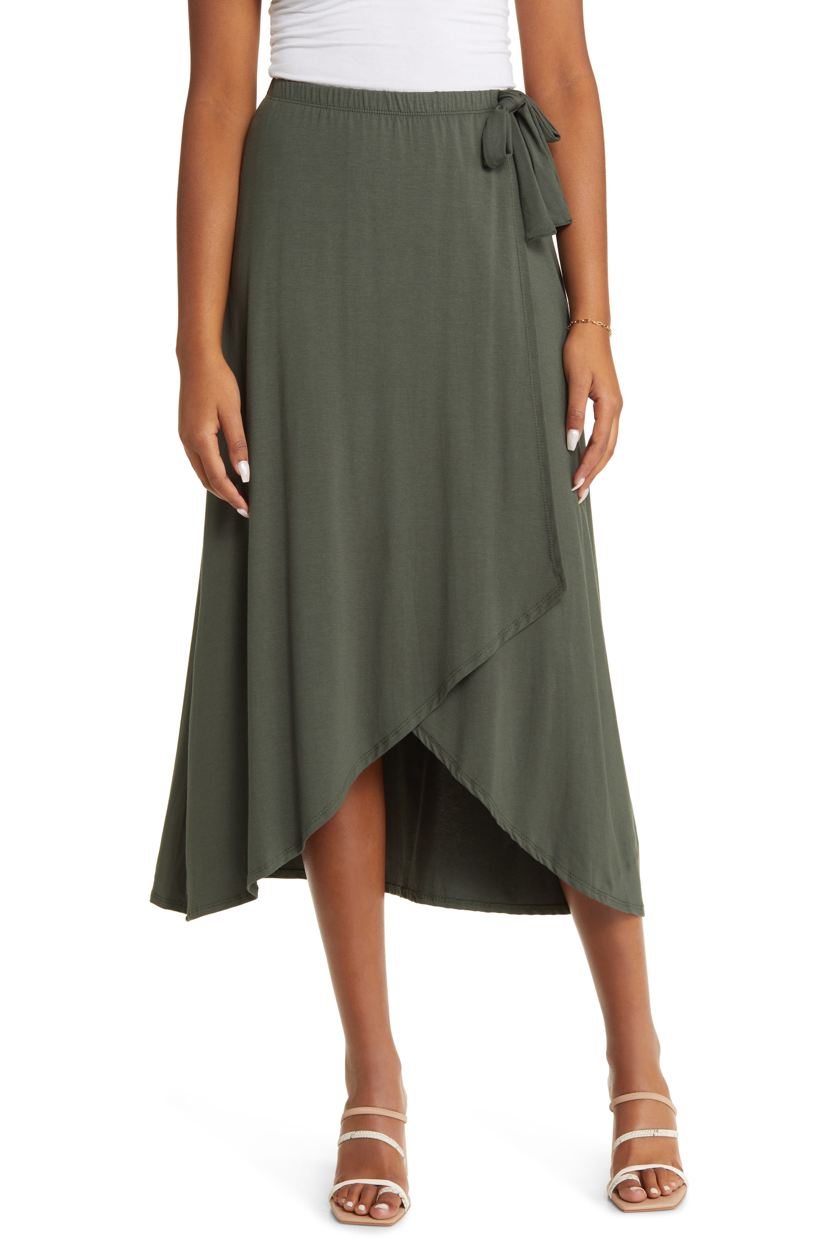Loveappella Faux Wrap Skirt in Olive 