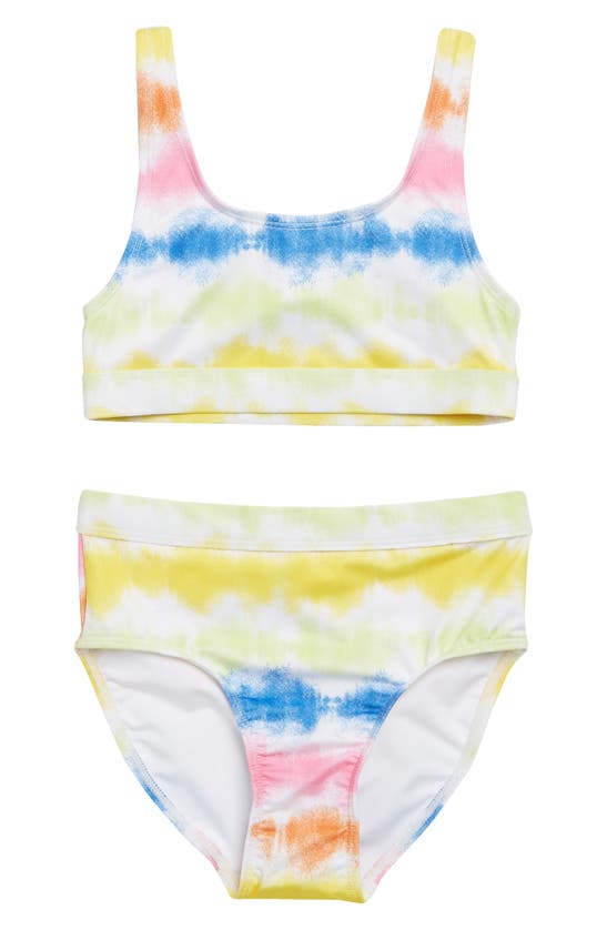 Melrose And Market Kids' Banded High Waist Two-piece Swimsuit In White/ Yellow Tie Dye Stripe