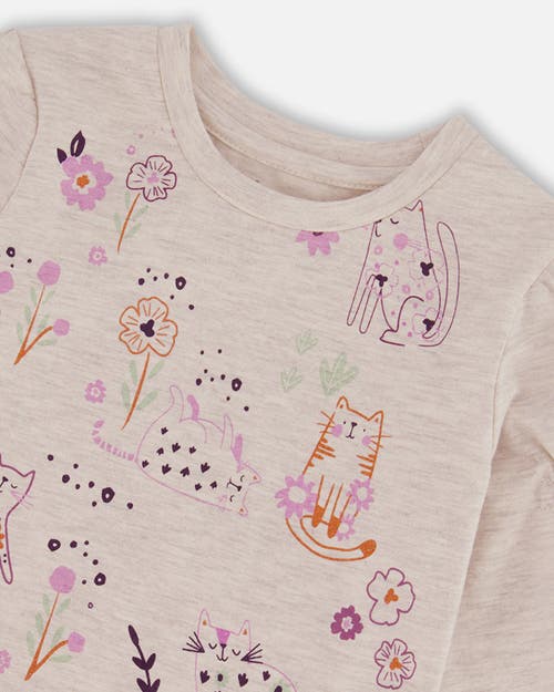 Shop Deux Par Deux Girl's Printed T-shirt Beige Mix Printed Cats In Oatmeal