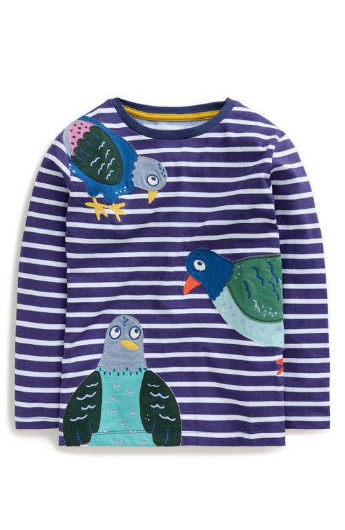 Shop Mini Boden Kids' Bird Appliqué Breton Stripe Cotton T-shirt In Denim Blue And Ivory