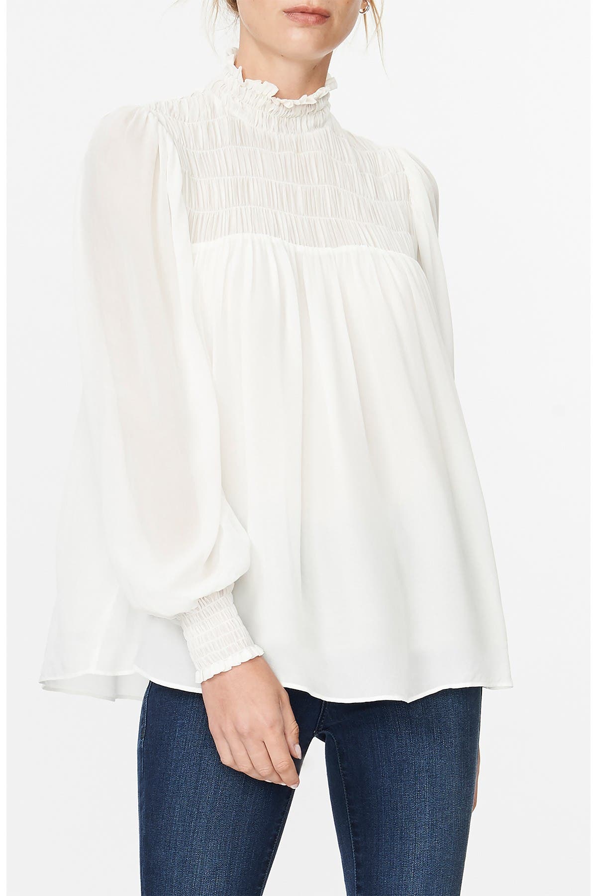 smocked mock neck blouse