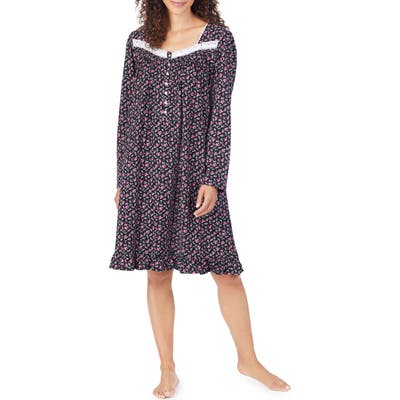 Eileen West Ditsy Long Sleeve Cotton Nightgown, Black