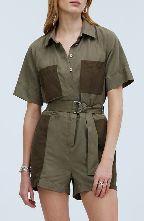 Madewell Short Sleeve Patch Pocket Romper Dark Olive at Nordstrom,