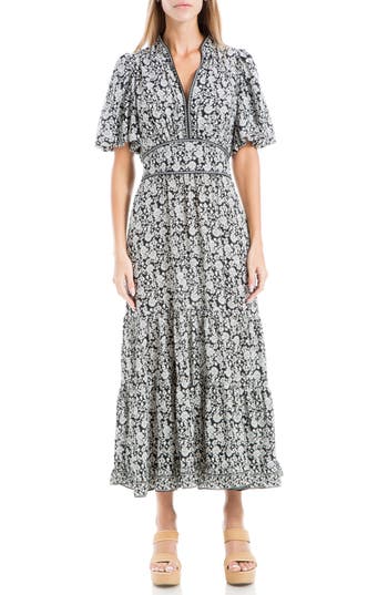 Max Studio Floral Tiered Maxi Dress In Black/ivory Dsy Drps