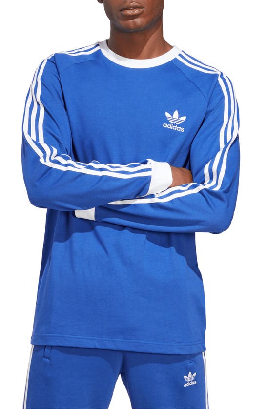 Adidas Originals 3-stripes Long Sleeve Cotton T-shirt In Selublu