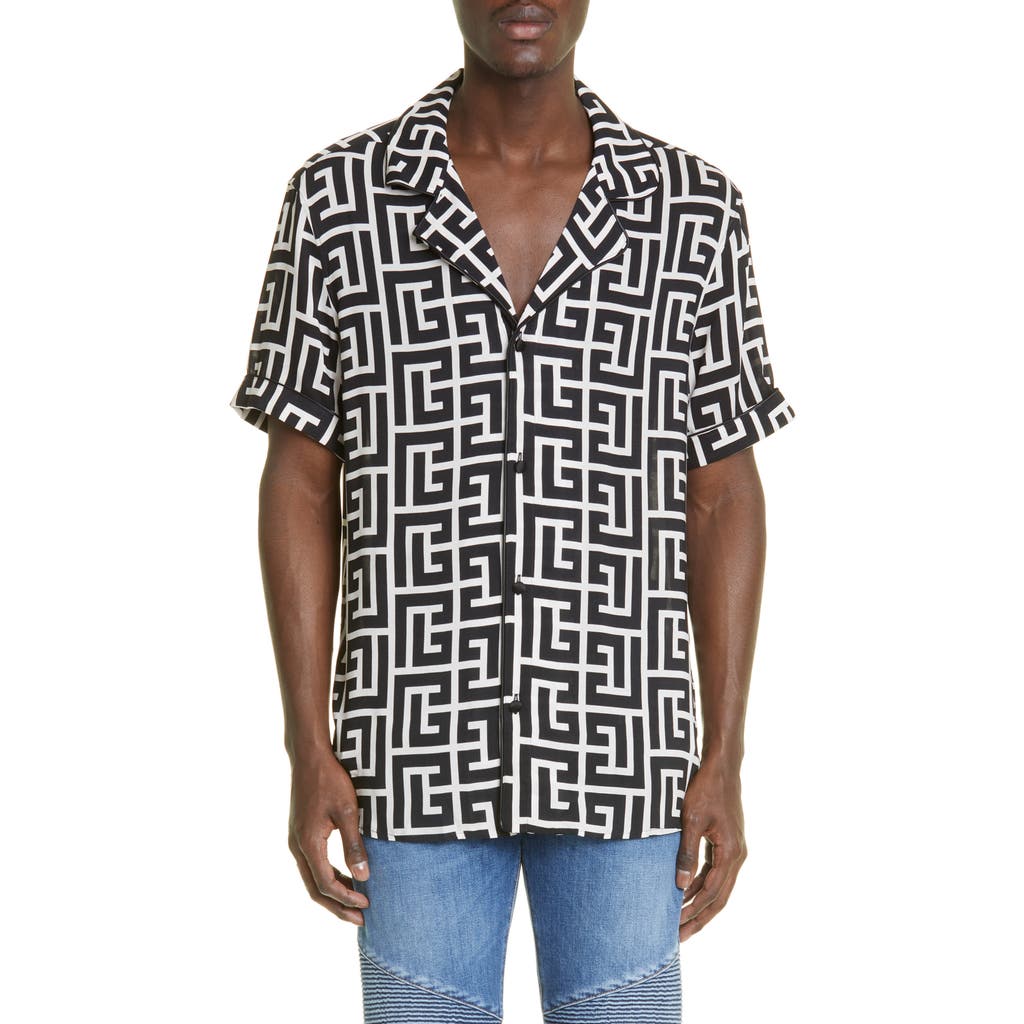 Balmain Macro Monogram Short Sleeve Camp Shirt In Ivory/black