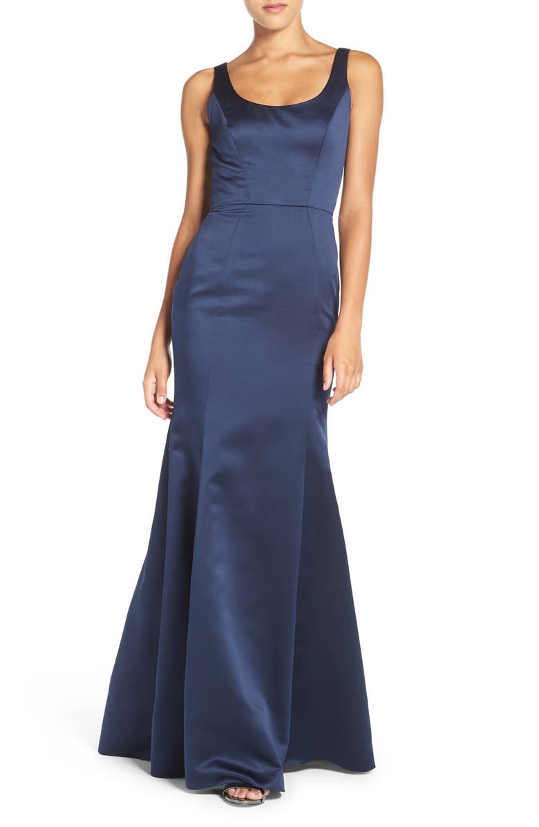 Hayley Paige Occasions Back Cutout Scoop Neck Satin Trumpet Gown ...