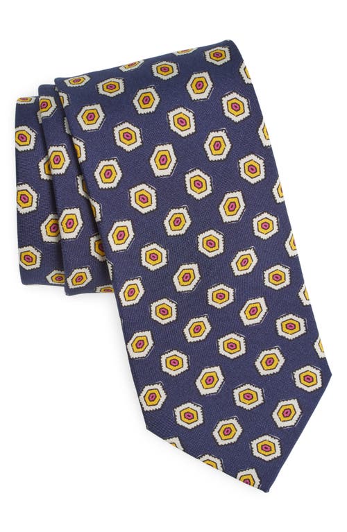 Drake's Hexason Geometric Print Silk Tie In Navy/yellow/red