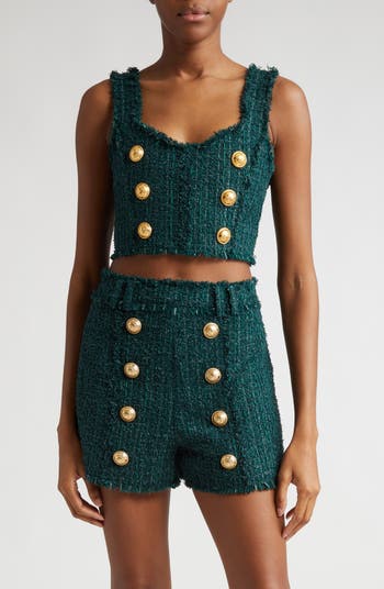 Balmain Six-Button Tweed Crop Top