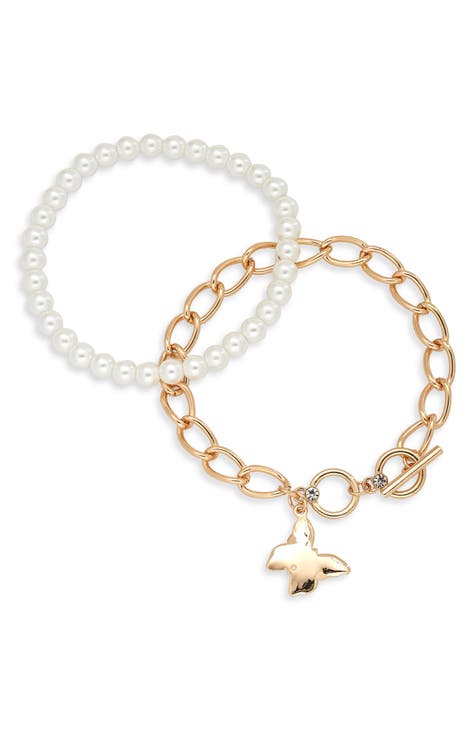 2-Pack Imitation Pearl & Crystal Chain Bracelets