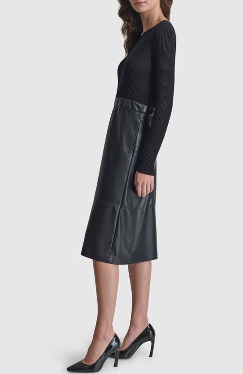 Shop Dkny Long Sleeve Rib & Faux Leather Dress In Black