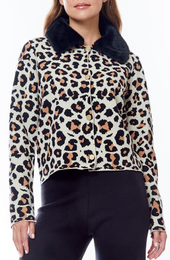 By Design Isa Faux Fir Trim Cardigan In Keira Leopard