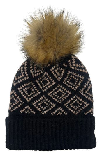 Marcus Adler Faux Fur Pompom Geo Knit Beanie In Black