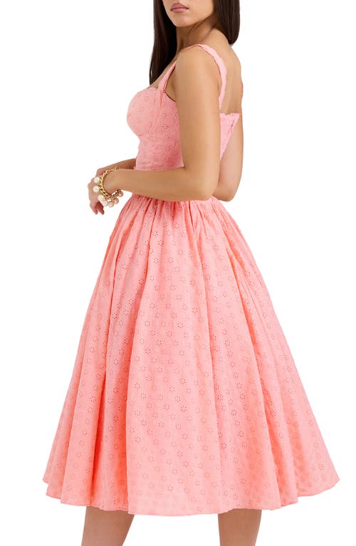 Shop House Of Cb Adalyn Eyelet Corset Midi Dress In Peach Pearl