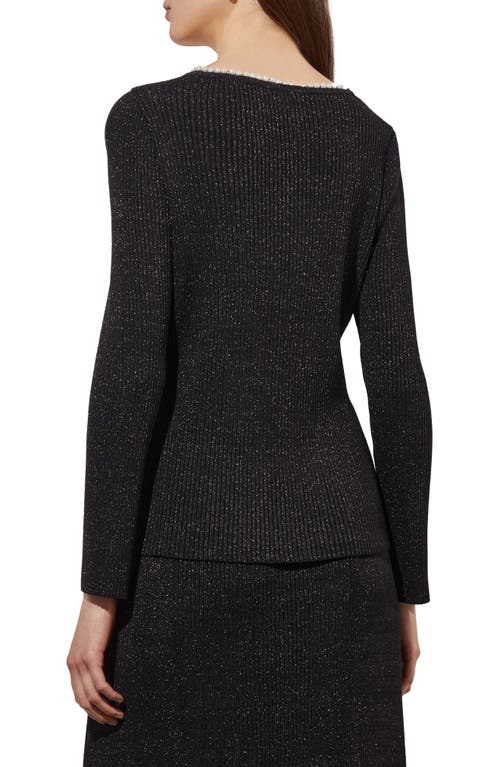 Ming Wang Imitation Pearl Collar Shimmer Rib Sweater In Black/silver