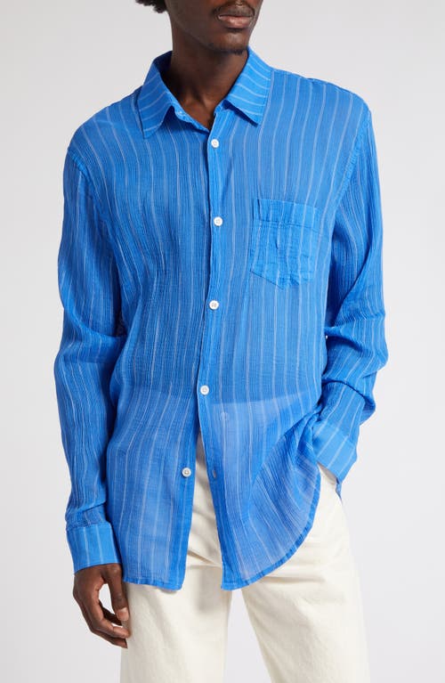 OUR LEGACY Initial Stripe Cotton Blend Button-Up Shirt in Blue Rayon Plait Stripe