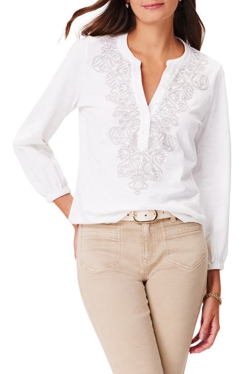 Lucky Brand Women's White Geo Embroidered Round Neck Longsleeve