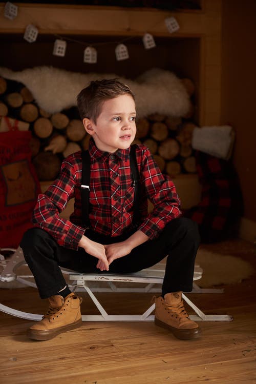 Shop Deux Par Deux Boy's Long Sleeve Button Down Flannel Shirt Plaid Black And Red In Red Plaid