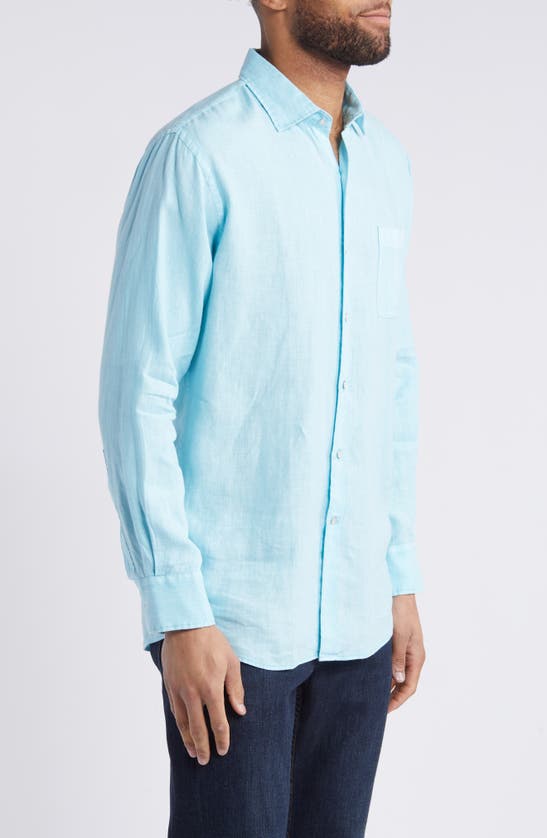 Shop Peter Millar Coastal Garment Dyed Linen Button-up Shirt In Mint Blue