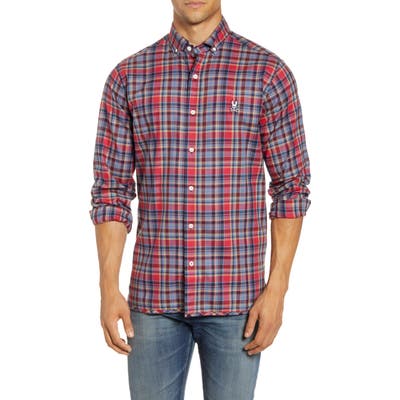 Psycho Bunny Wellington Plaid Button-Down Flannel Shirt, Red