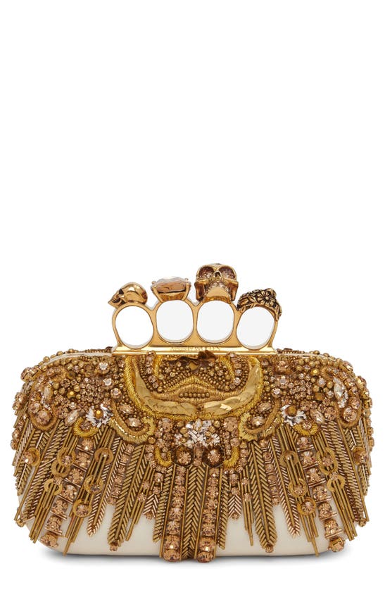 Shop Alexander Mcqueen Skull Embellished Silk Knuckle Box Clutch In Gold