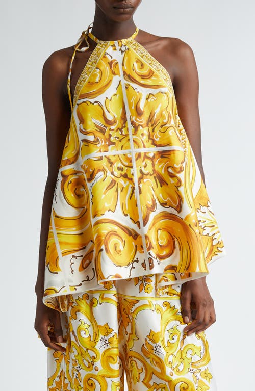 Shop Dolce & Gabbana Dolce&gabbana Majolica Print Sleeveless Silk Twill Halter Top In H45dq Maiolica 1l Giallo