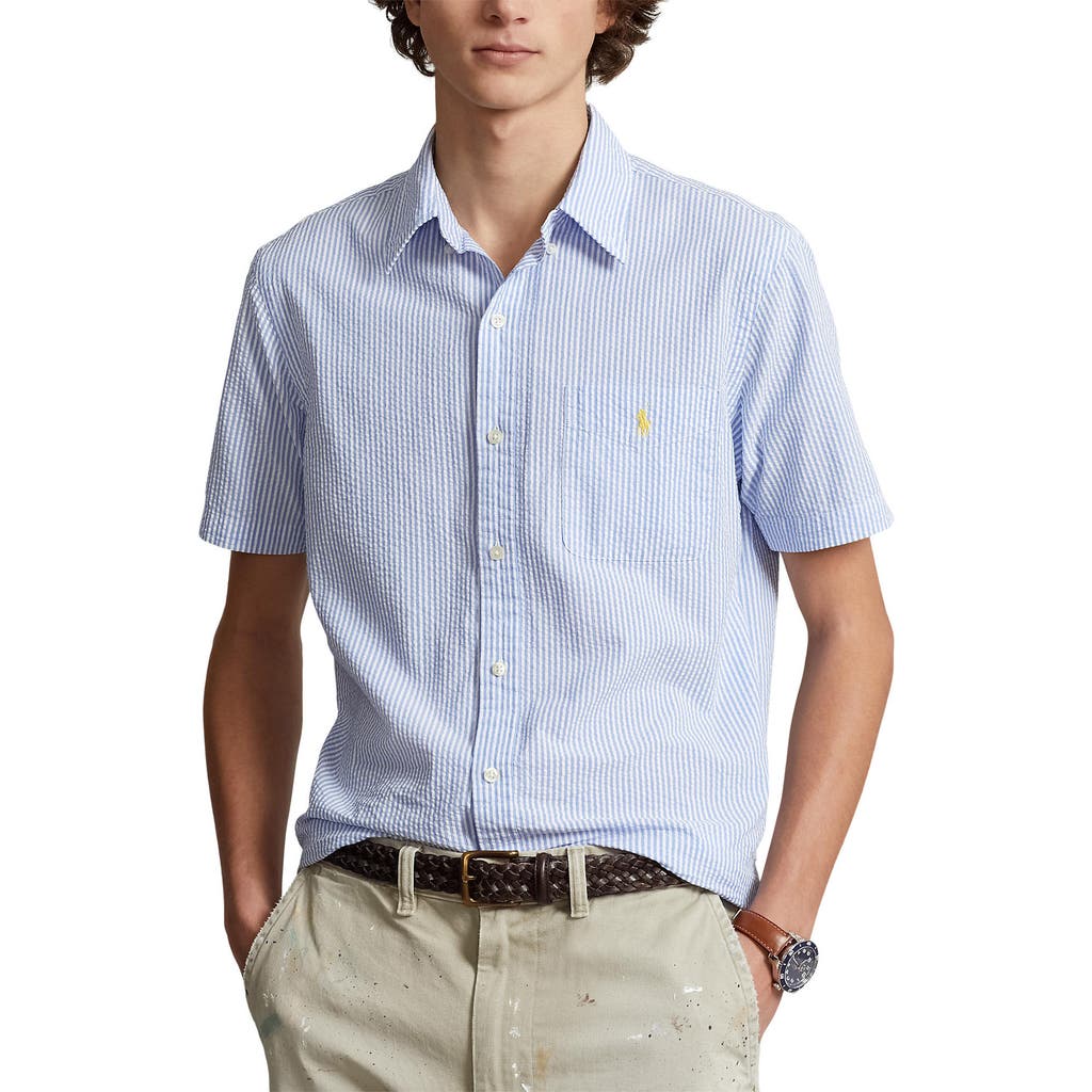 Polo Ralph Lauren Prepster Classic Fit Stripe Short Sleeve Seersucker Button-down Shirt In Blue/white