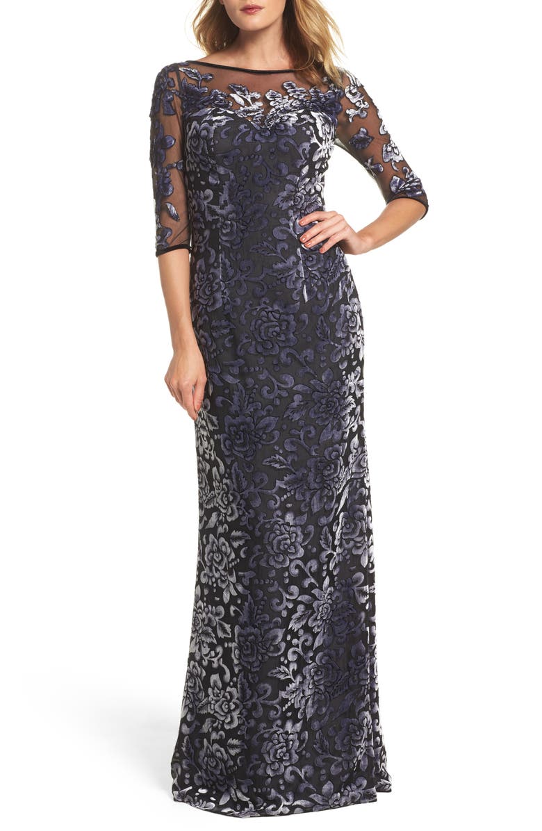 LA FEMME Burnout Velvet Column Gown, Main, color, GUNMETAL