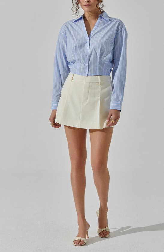 Shop Astr The Label Pinstripe Cotton Crop Button-up Shirt In Light Blue Stripe