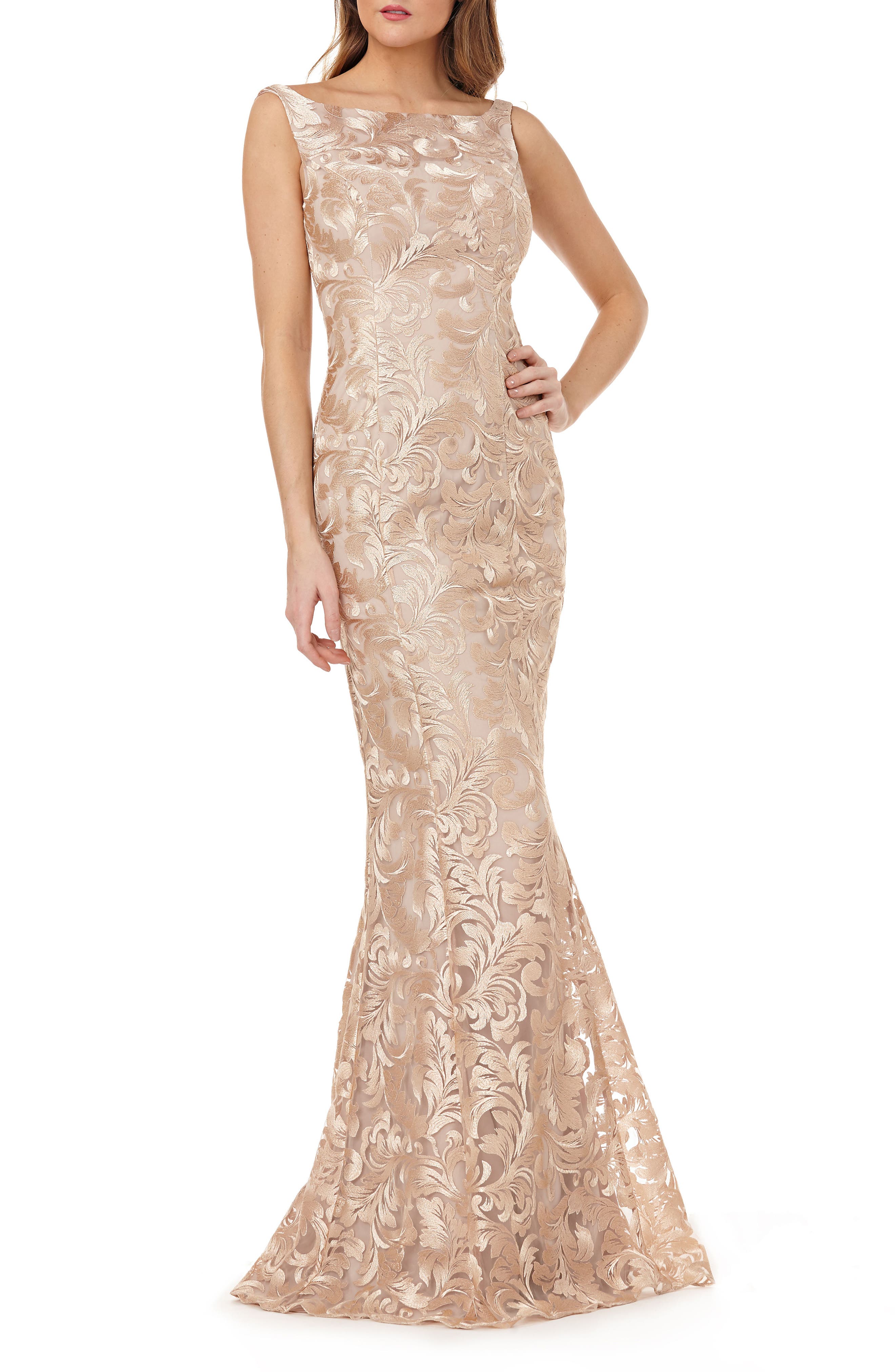Kay Unger Sleeveless Metallic Embroidery Mermaid Gown, Beige