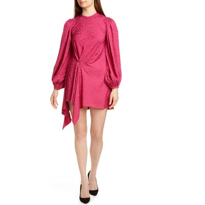 Johanna Ortiz Side Drape Leopard Jacquard Long Sleeve Minidress, Pink