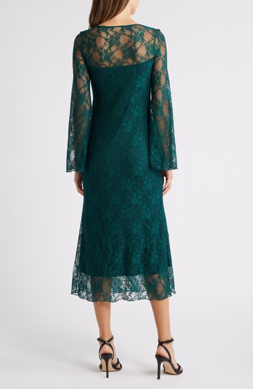 Shop Loveappella Bell Lace Overlay Long Sleeve Midi Dress In Hunter