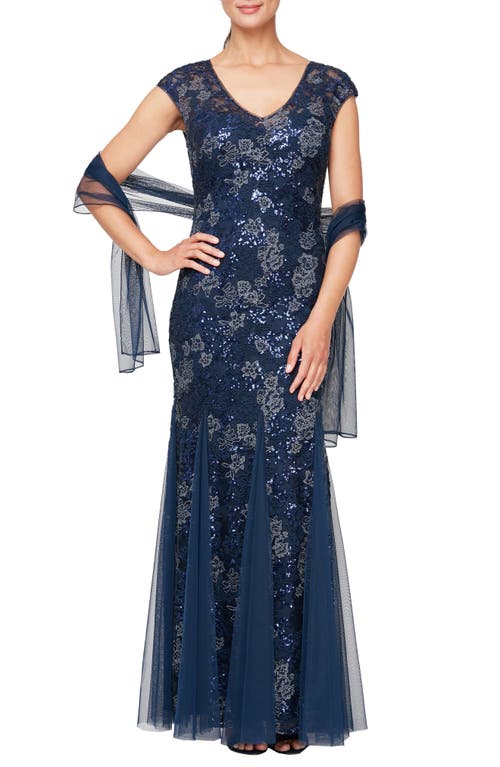 Sequin Embroidered Trumpet Gown in Navy