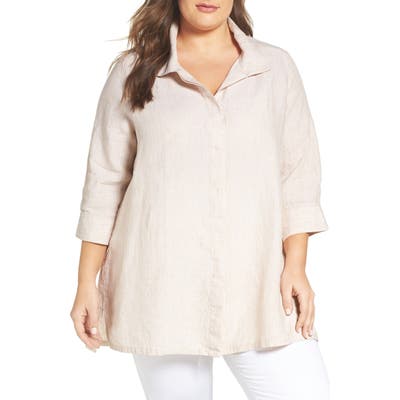 Plus Size Foxcroft Chambray Linen Tunic Shirt, Beige