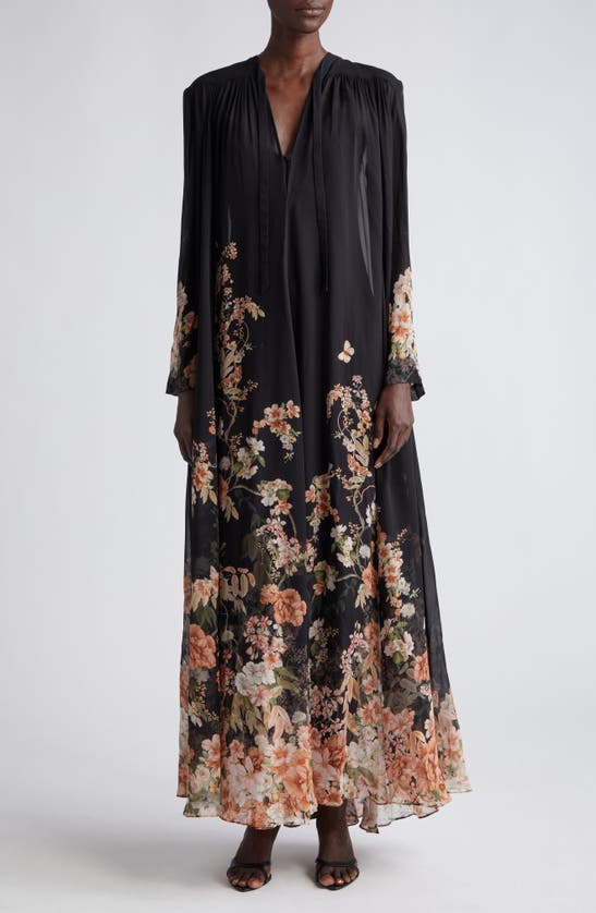 Shop Zimmermann Natura Floral Print Long Sleeve Maxi Dress In Coral Garden Black