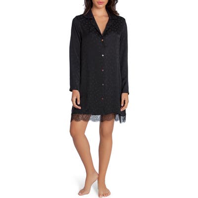 Midnight Bakery Lace Trim Dot Satin Sleep Shirt, Black