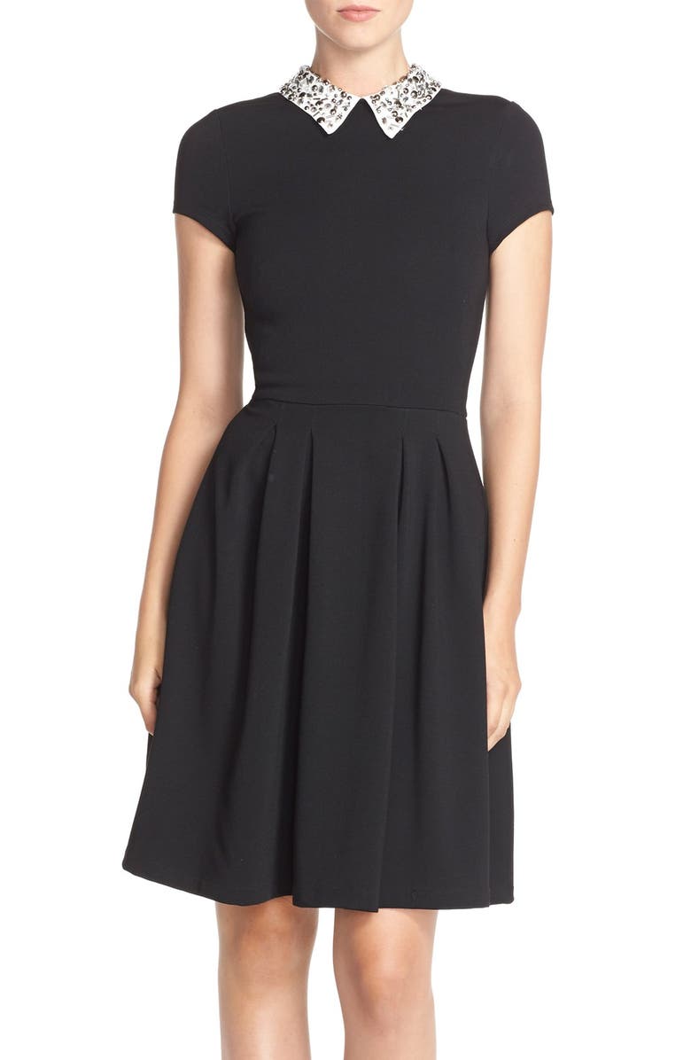 KUT FROM THE KLOTH Embellished Collar Ponte Fit & Flare Dress, Main, color, BLACK/ IVORY
