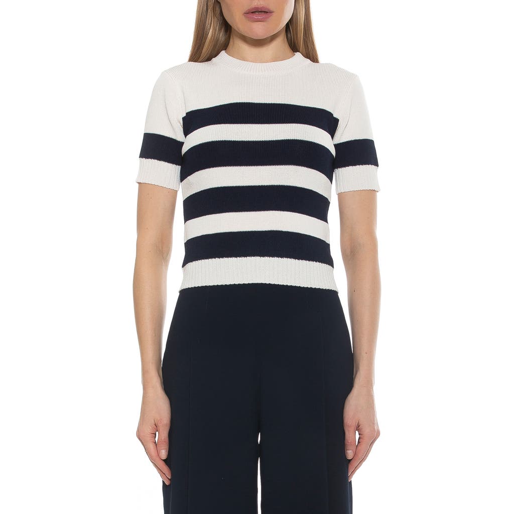 Alexia Admor Pat Stripe Short Sleeve Sweater Top In Ivory/navy