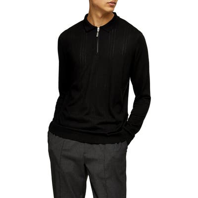 Topman Pointelle Long Sleeve Zip Polo, Black
