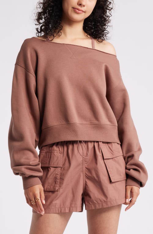 Shop Bp. Fleece Detail Off The Shoulder Sweatshirt In Brown Topaz