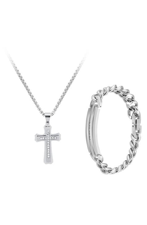 Men's Stainless Steel Diamond Cross Pendant Necklace & Bar Bracelet Set - 0.01ct.
