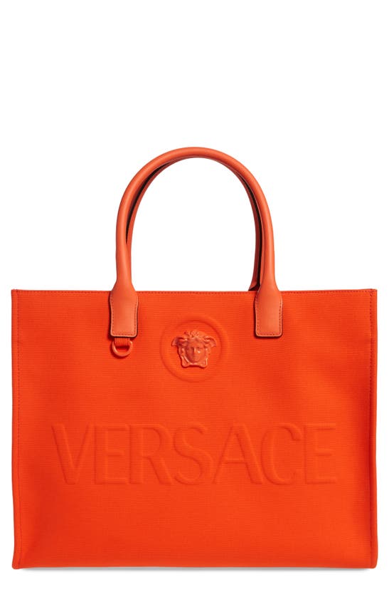 Versace La Medusa Canvas Tote Bag In Orange/ Gold